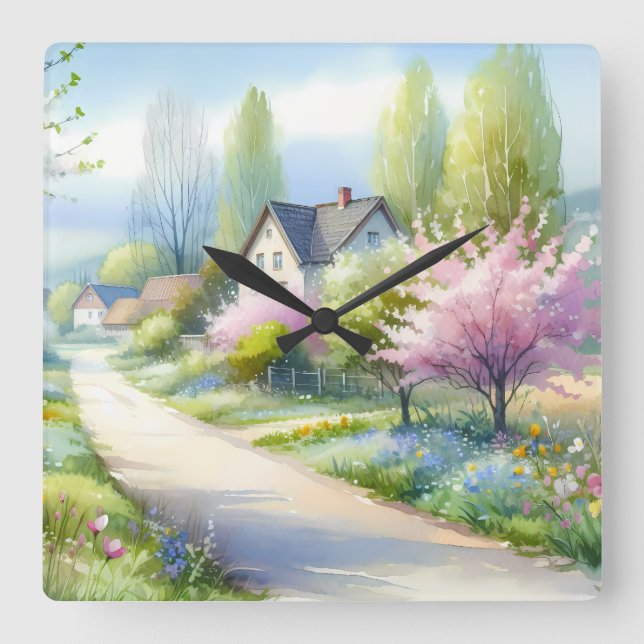 Enchanted Blossom Country Lane Square Wall Clock (Front)