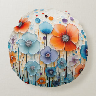 Enchanted Blossoming Meadow Wildflowers Round Pillow