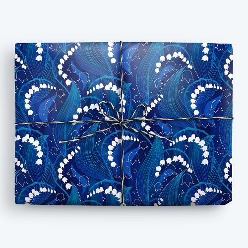 Enchanted Blue and White Lily of the Valley Floral Wrapping Paper