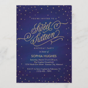 Enchanted Blue & Gold Stars Sweet Sixteen Party Invitation