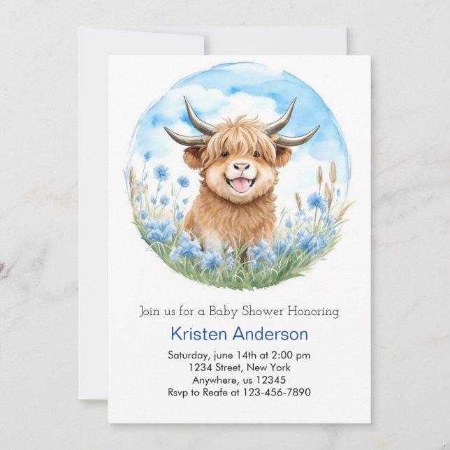 Enchanted Blue Highland Cow Boy Baby Shower Invitation (Front)