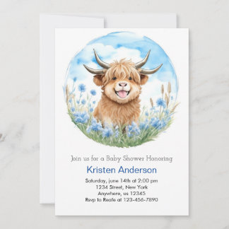 Enchanted Blue Highland Cow Boy Baby Shower Invitation