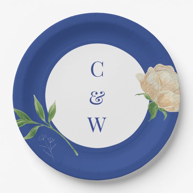 Enchanted Blue Lemon Blossom Monogrammed Wedding Paper Plates (Front)