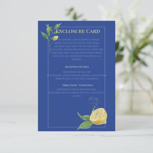 Enchanted Blue Lemon Blossom Wedding Enclosure Card (Standing Front)