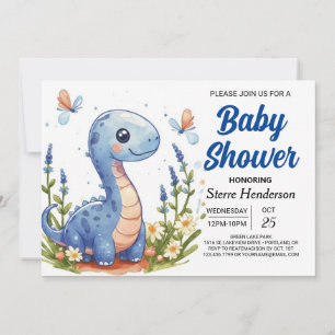 Enchanted Blue Modern Dinosaur Boy Baby Shower Invitation