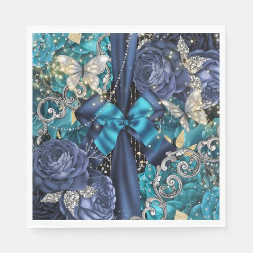 Enchanted blue silver butterfly rose shabby chic napkins