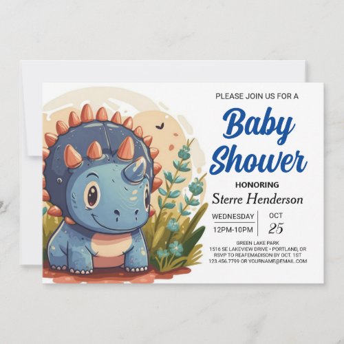 Enchanted Blue Watercolor Dinosaur Boy Baby Shower Invitation
