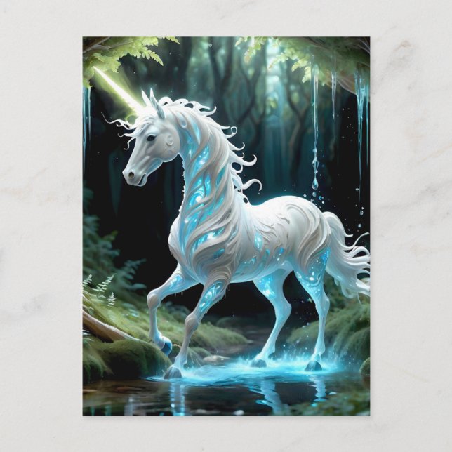 Enchanted, Blue & White Unicorn Walking in Stream Postcard (Front)