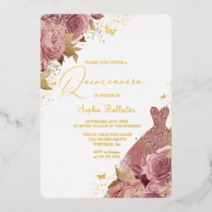 Enchanted Blush Dress Floral Quinceanera Real Gold Foil Invitation
