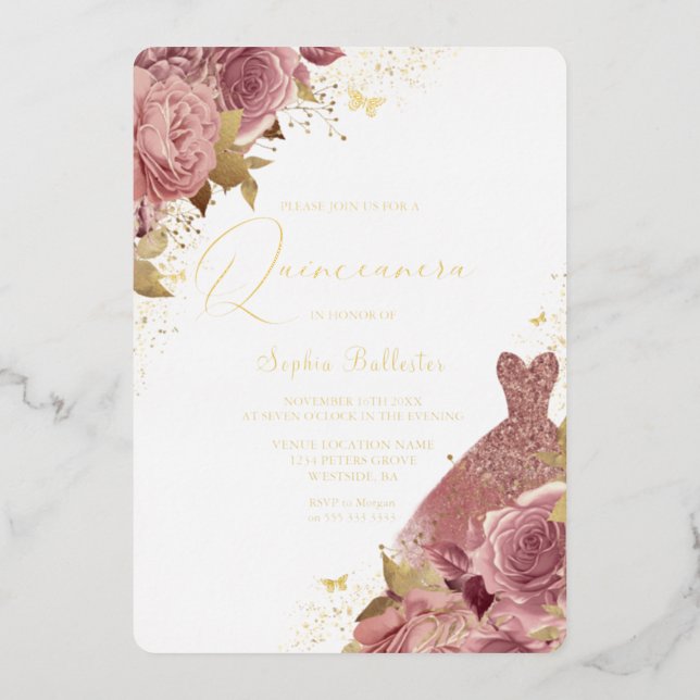 Enchanted Blush Dress Floral Quinceanera Real Gold Foil Invitation (Front)