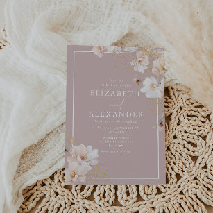 Enchanted Blush Wildflowers White Border Wedding Invitation