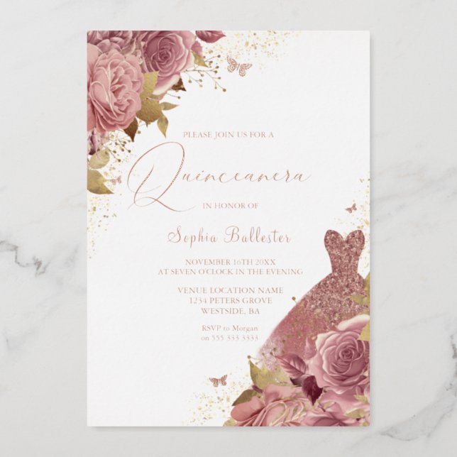 Enchanted Blush with Real Rose Gold Quinceanera Foil Invitation (Front)