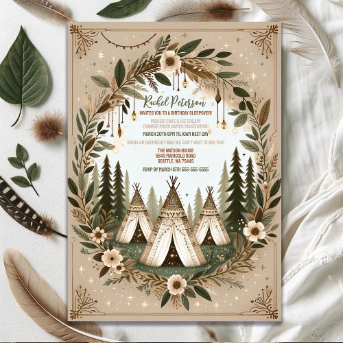 Enchanted Boho Forest Teepee Sleepover Party Invitation