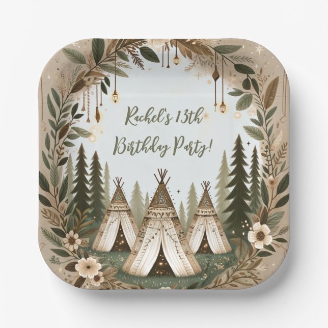 Enchanted Boho Forest Teepee Sleepover Party  Paper Plates (Front)