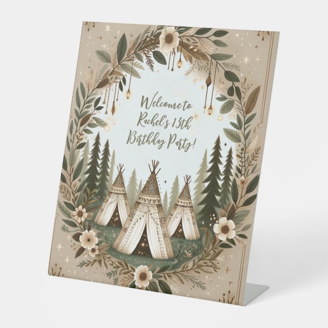 Enchanted Boho Forest Teepee Sleepover Party  Pedestal Sign (Front)