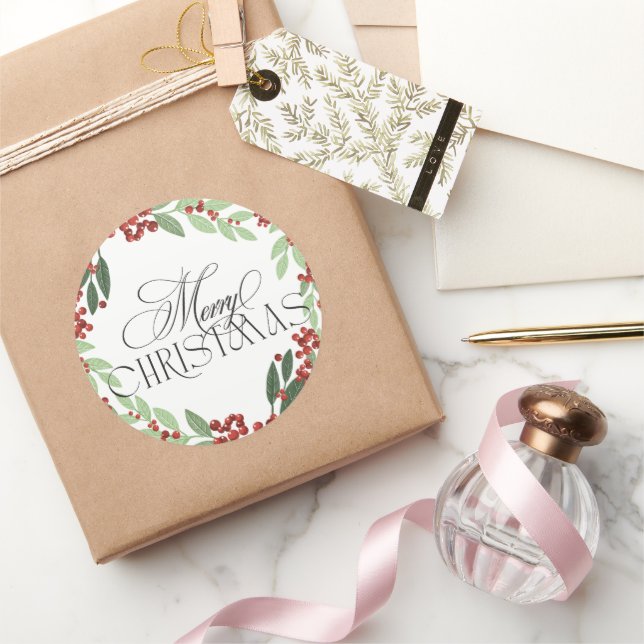 Enchanted Botanical Modern Christmas Classic Round Sticker (Gifting)