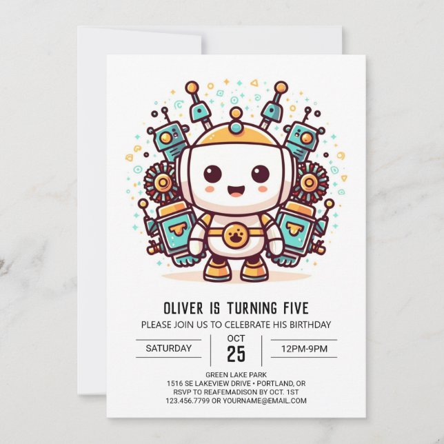 Enchanted Boy Metallic Robot Birthday Invitation (Front)
