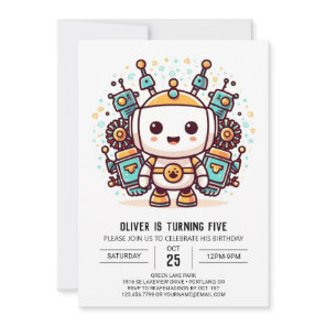 Enchanted Boy Metallic Robot Birthday Invitation