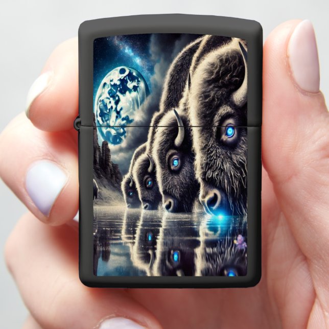 Enchanted Buffalo Reflections in Starry Waters Zippo Lighter (In Hand)