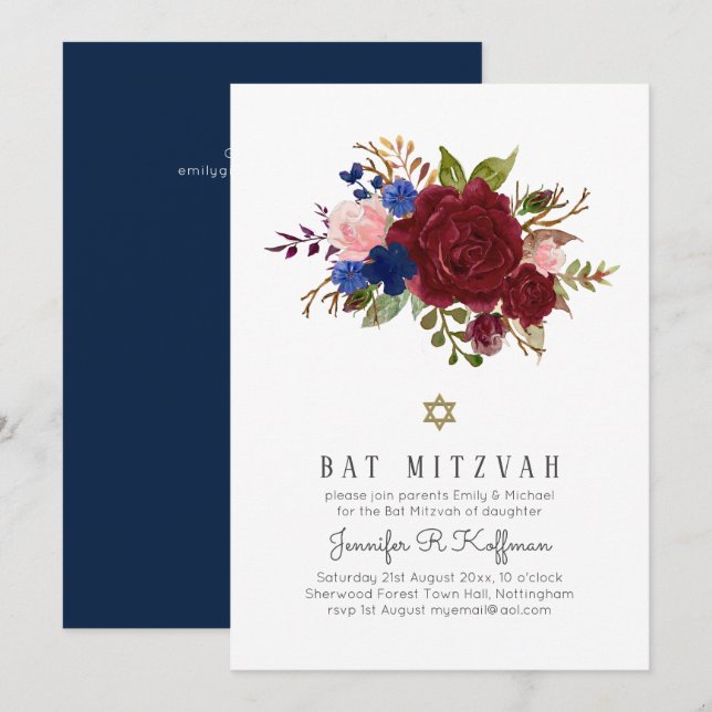 Enchanted Burgundy Blue Pink Floral BAT MITZVAH Invitation (Front/Back)