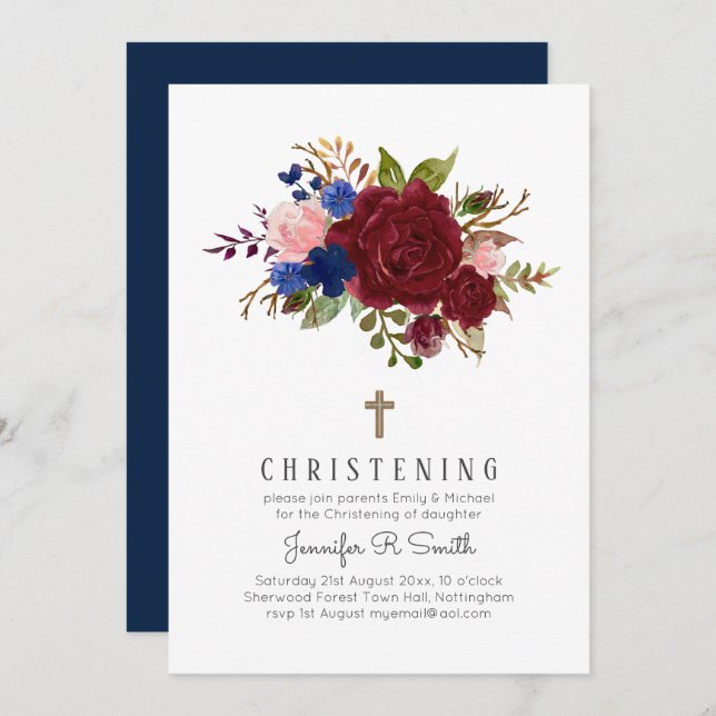 Enchanted Burgundy Blue Pink Floral CHRISTENING Invitation (Front/Back)