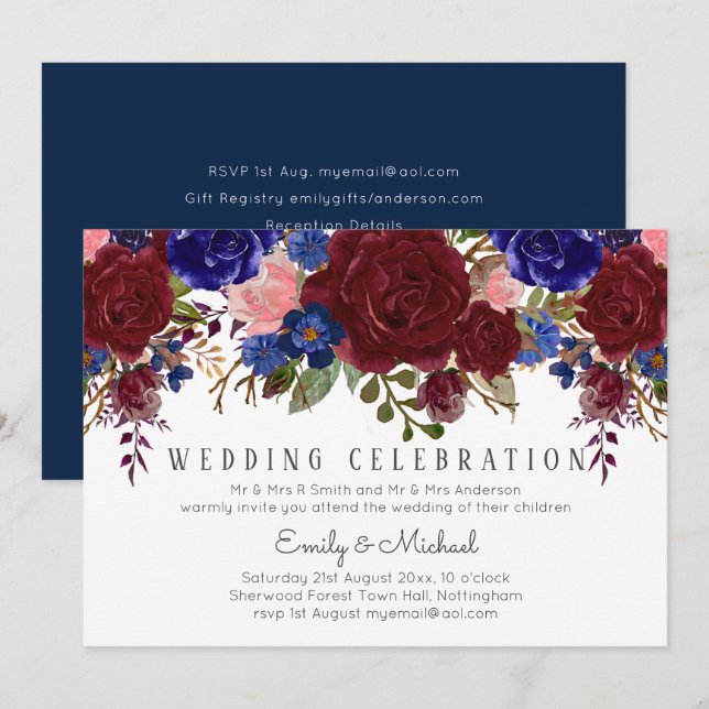 Enchanted Burgundy Blue Pink Floral WEDDING Invitation (Front/Back)