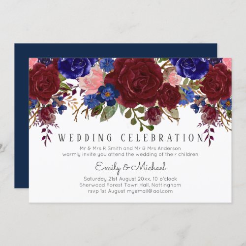 Enchanted Burgundy Blue Pink Floral WEDDING Invitation