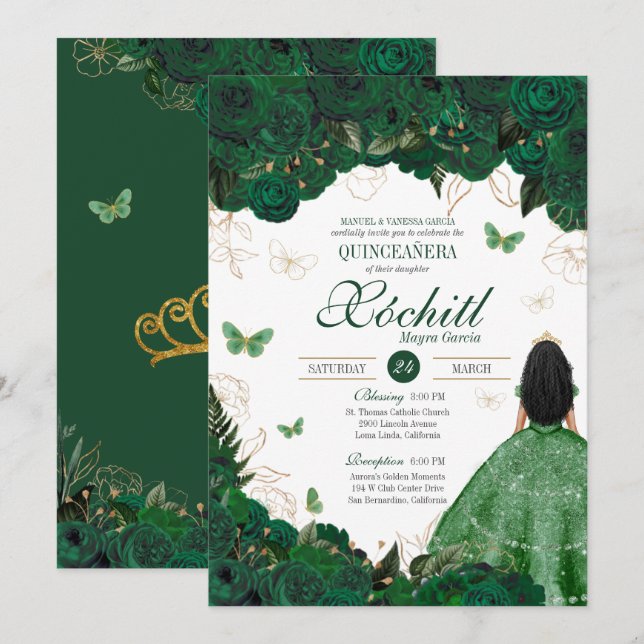 Enchanted Butterfly Garden Emerald Green Quince Invitation (Front/Back)