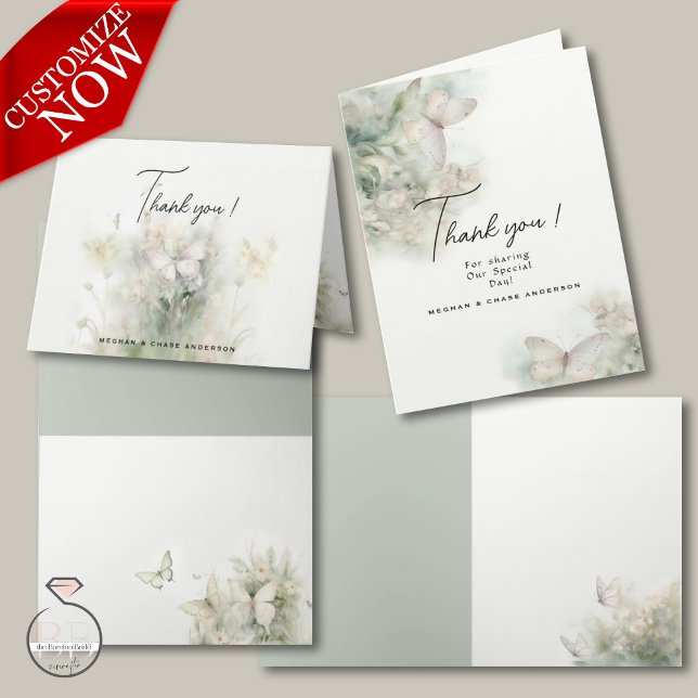Enchanted Butterfly Garden Letterpress Thank You Card (easy to customize, in 2 styles )