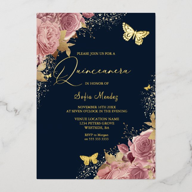 Enchanted Butterfly Quinceanera Party Navy Golden Foil Invitation (Front)