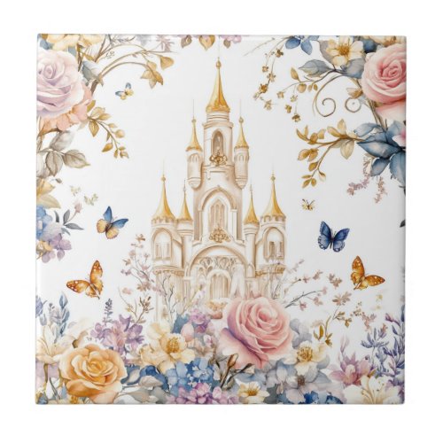 Enchanted Castle in Bloom Pastel Floral Fairytale Ceramic Tile