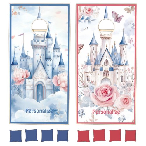 Enchanted Castle in Bloom Pastel Floral Fairytale Cornhole Set
