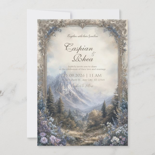 Enchanted Castle Mountain Floral Baroque Wedding Invitation (Front)