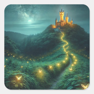 Enchanted Castle Path Illuminated by Fireflies Square Sticker