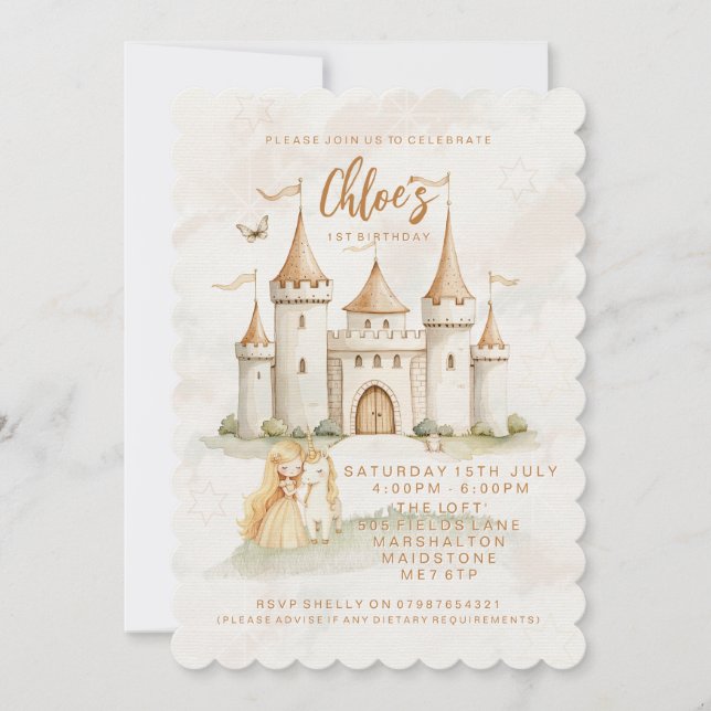 🏰✨ Enchanted Castle Princess 1st Birthday Invites (Front)