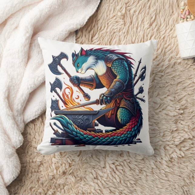 Enchanted Cat Blacksmith Forging Weapons at Dusk Throw Pillow (Blanket)
