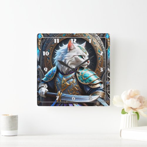 Enchanted Cat Warrior in Decorative Armor Square Wall Clock