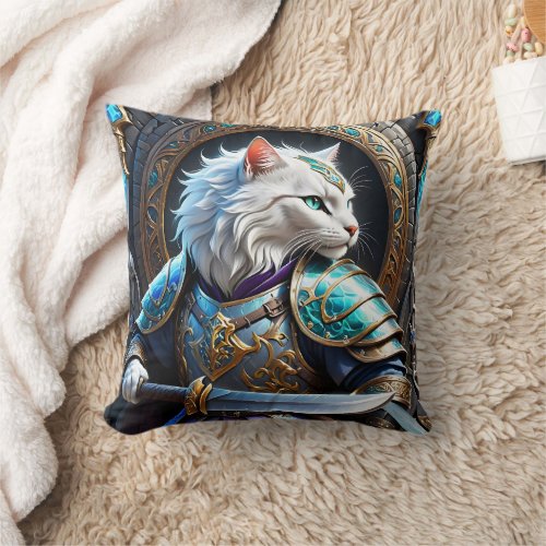 Enchanted Cat Warrior in Decorative Armor Throw Pillow