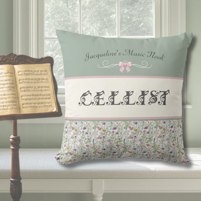 Enchanted Cello Wildflower Music Nook Throw Pillow (A sophisticated sage green accent for her rehearsal room. )