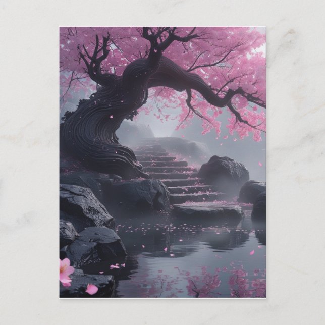 Enchanted Cherry Blossom Stairway Postcard - Mysti (Front)