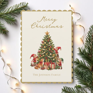 Enchanted Christmas Tree with Gnomes and Cat Holiday Card