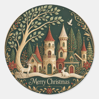 Enchanted Christmas Village in the Evergreen Wood Classic Round Sticker