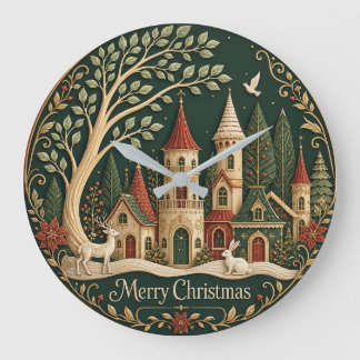 Enchanted Christmas Village in the Evergreen Wood Large Clock