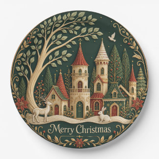 Enchanted Christmas Village in the Evergreen Wood Paper Plates