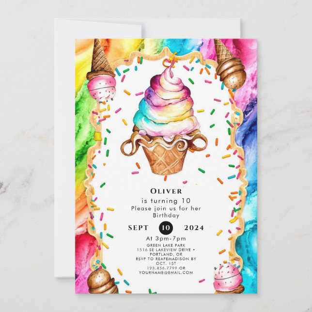 Enchanted Colorful Creamy Ice Cream Birthday Invitation (Front)