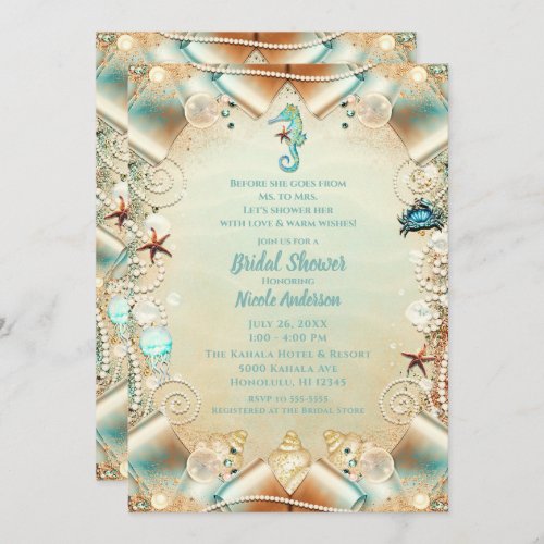 Enchanted Cream Under Sea Pearls Ribbon Bridal  Invitation