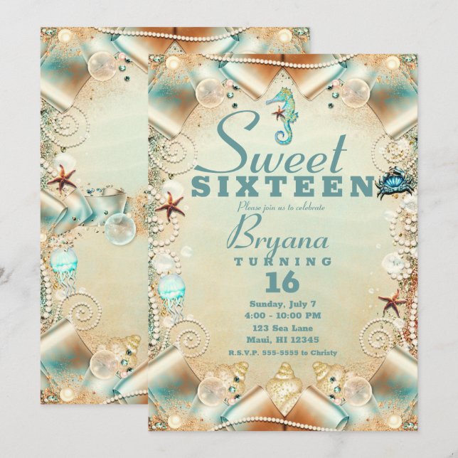 Enchanted Cream Under Sea Pearls Ribbon Sweet 16 Invitation (Front/Back)