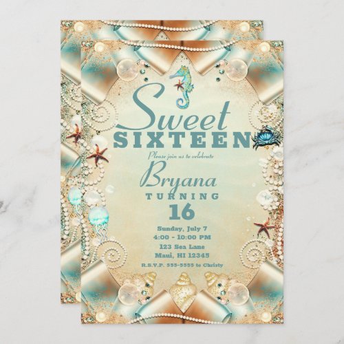 Enchanted Cream Under Sea Pearls Ribbon Sweet 16 Invitation