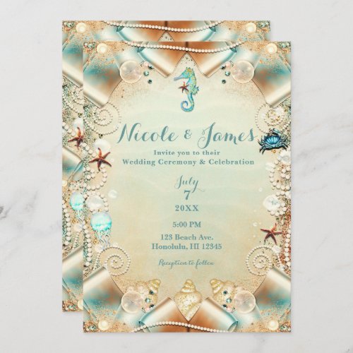 Enchanted Cream Under Sea Pearls Ribbon Wedding Invitation