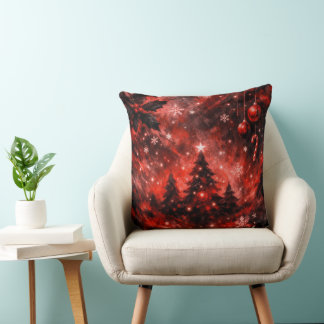 Enchanted Crimson Christmas Night Throw Pillow